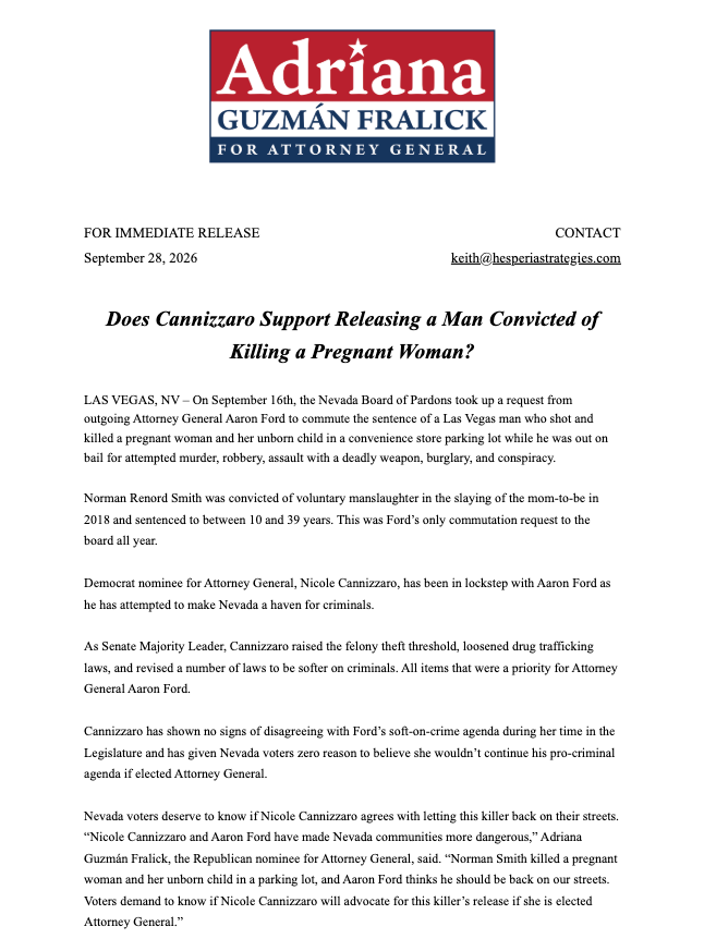 AdrianaForNV's tweet photo. Let me be clear - I would not have sponsored Norman
Smith's clemency case.
Smith killed a pregnant woman and her unborn child, and Aaron Ford thinks he should be back on our streets. Voters need to know if Cannizzaro will advocate for this killer's release if she is elected. https://t.co/Zi0kD1Ro6p