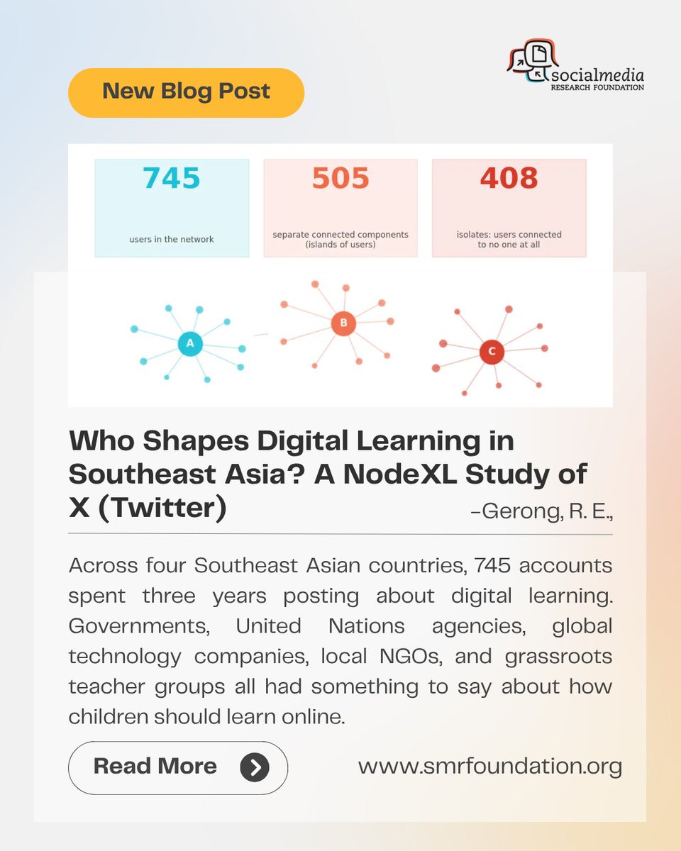 nodexl's tweet photo. Who shapes digital learning in Southeast Asia?

A new NodeXL study maps 745 accounts across 4 countries and 3 years to explore influence, connections, and digital-learning communities.
By Gerong, R. E. &amp; Tiew, C. C.

#NodeXL #NetworkAnalysis #DigitalLearning https://t.co/NNDHiwJRC0