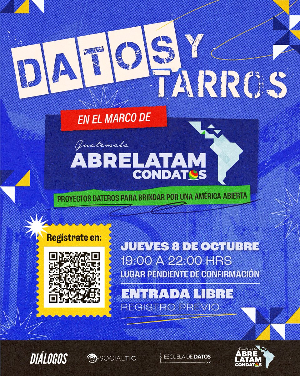 socialtic's tweet photo. Comunidad datera! 📊🍻

👥Nos unimos con @ConDatosLATAM  para conocer proyectos de investigación, periodismo, auditoría social y políticas públicas en un #DatosyTarros 

👉El evento será en #Guatemala 

🤓¿Nos vemos por allá? 

Regístrate:
https://t.co/PFqFAd4tnI https://t.co/VsxgQiirxj