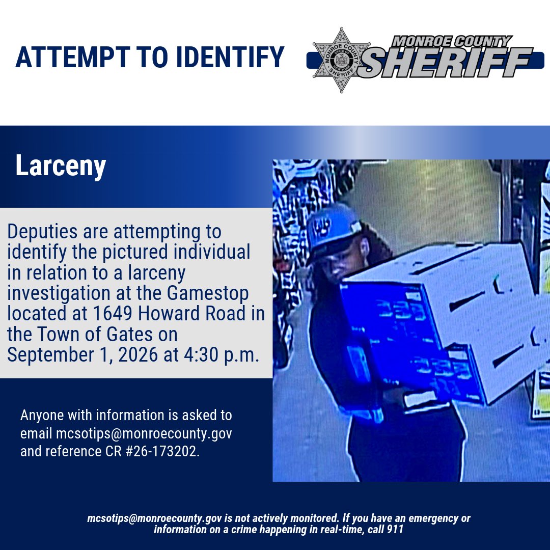 monroesheriffny's tweet photo. Anyone with information is asked to email mcsotips@monroecounty.gov and reference CR# 26-173202. https://t.co/h1Hlcu3Yz3