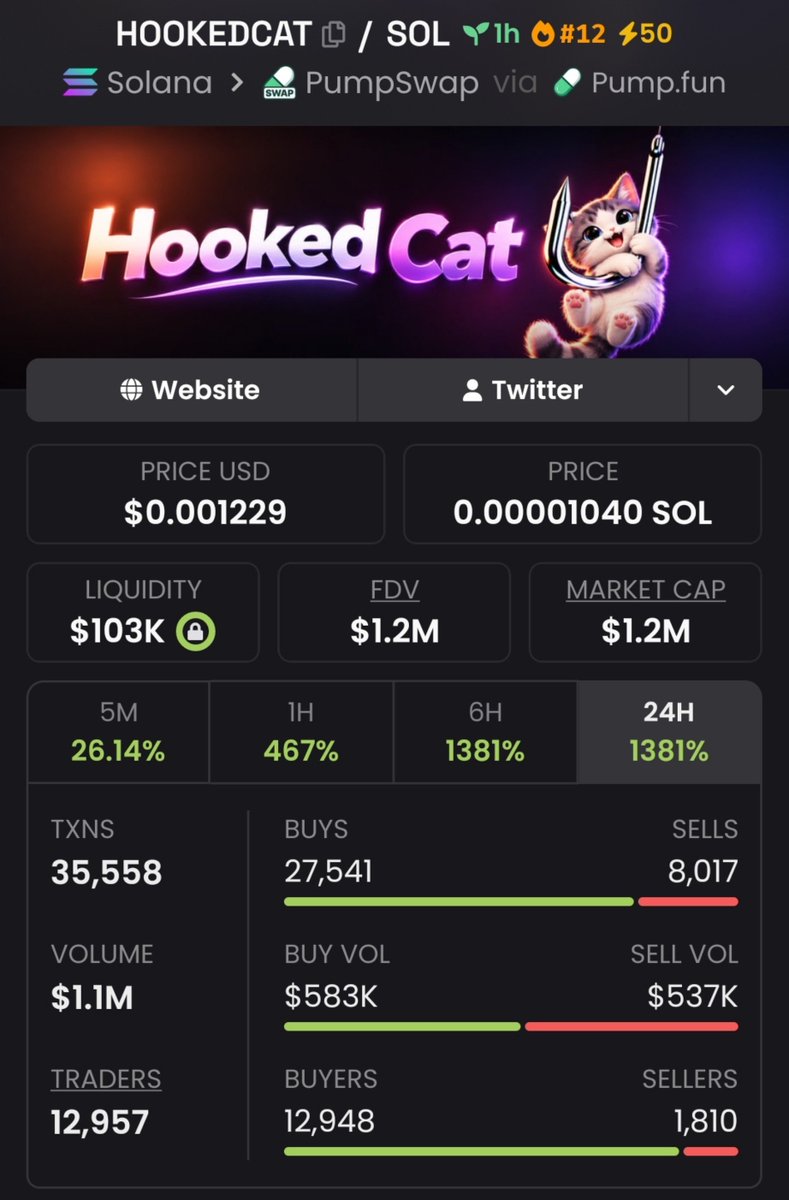 EarlyRada's tweet photo. 🐱 HOOKEDCAT climbed from $1.1M → $1.2M MC! Attention is still building. 👀🔥
CA: 8n1Qyjo7LrQMFaZsTJ3K1qPkNRMxDmS6R4eDjkvjpump
💬 DM me on my Telegram for updates. 🚀
#HOOKEDCAT #Solana https://t.co/3yMlAcqJmK