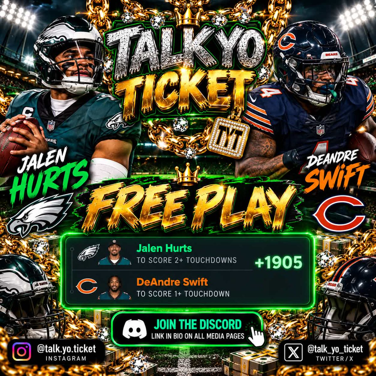 Talk_Yo_Ticket's tweet photo. π¨ AMβS FREE PLAY π¨
π¦
Jalen Hurts β 2+ TDs
π» DβAndre Swift β 1+ TD
π° +1905
AM said weβre having some FUN tonight πποΈπ₯
Eagles vs Bears. Whoβs riding?!
π #TalkYoTicket
π¬ Discord link in bio https://t.co/FF974Ea4ik