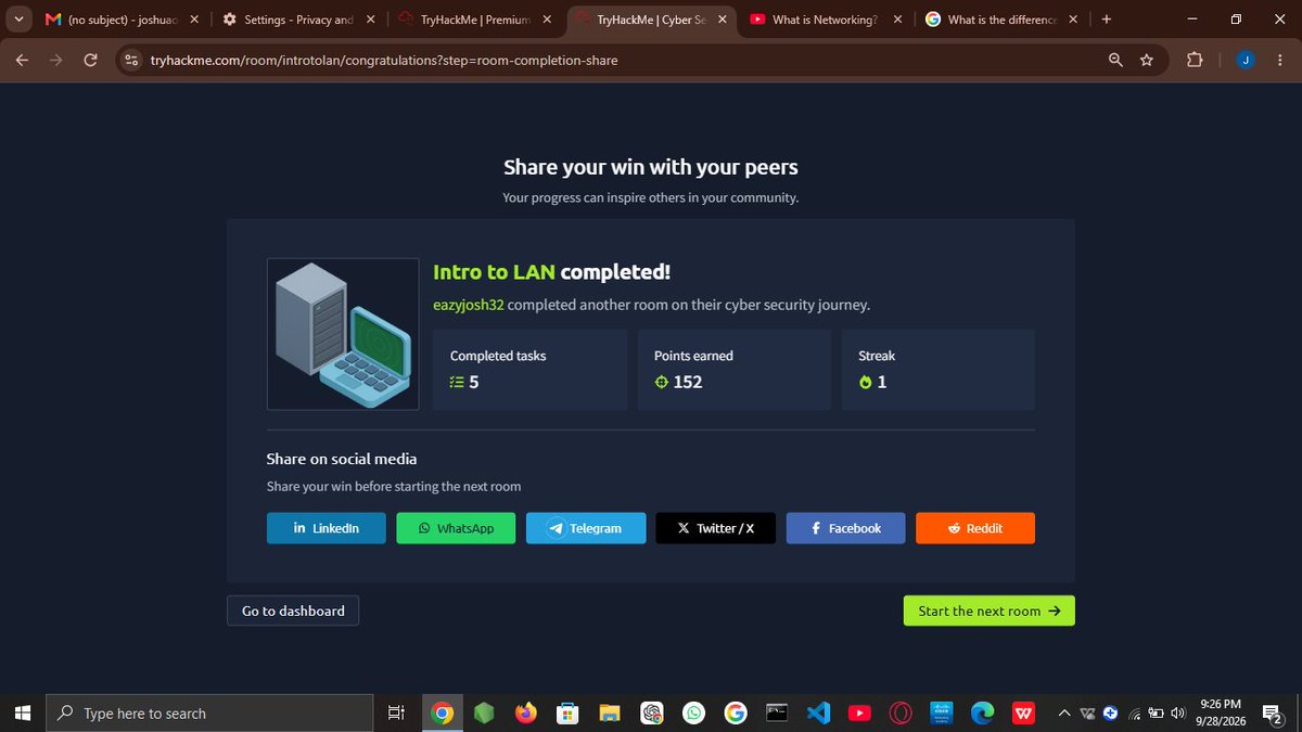 JoshE16994's tweet photo. CyberForge Day 8: Networking Bedrock 🚀
Hit @TryHackMe's Intro to LAN rooms today.
• IP vs MAC: IP = phone number (can change), MAC = physical fingerprint (can be spoofed).
• Protocols: ARP maps IP to MAC; DHCP automates IPs.
• Verified connections via ping.
#the_cyberforge https://t.co/VDhxnpQ8Uj