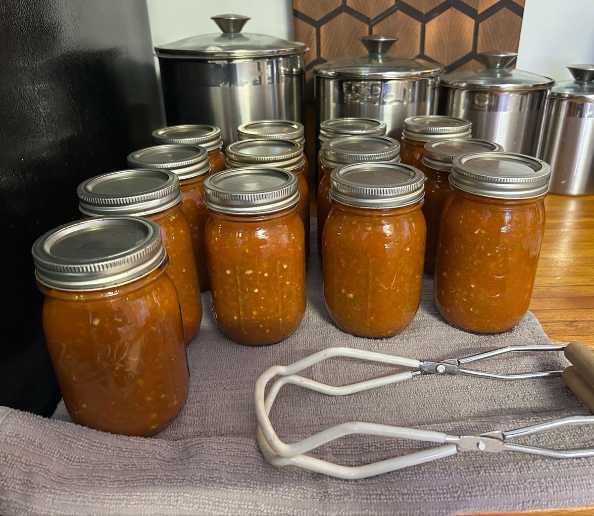 Nobody_Nobody47's tweet photo. It’s a wrap! Salsa canning for the season is officially done. This is batch 5 and likely our spiciest yet! 🔥 Good thing we are stocked up on tortilla chips! https://t.co/1cjg9PSzzu