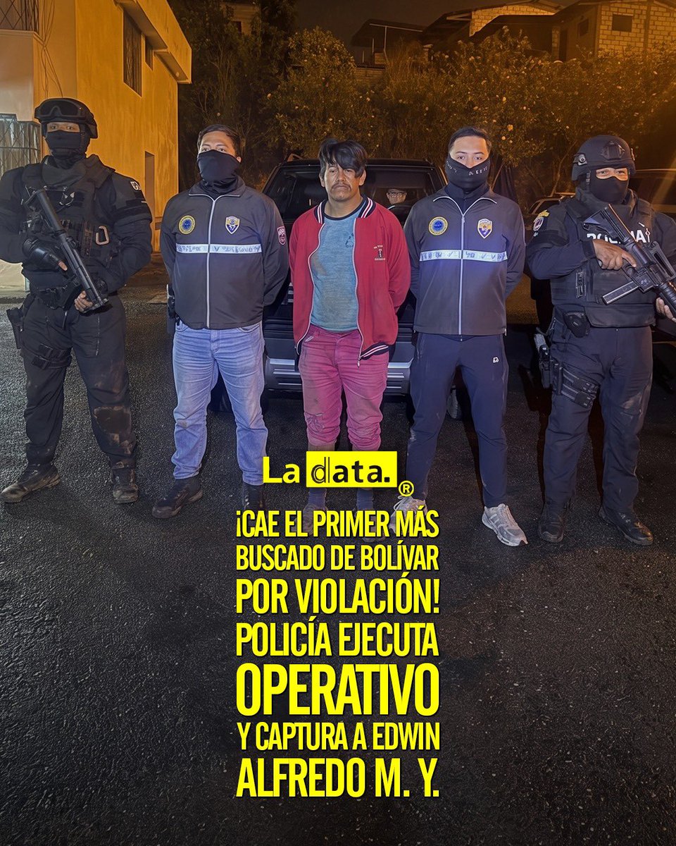 ladataec's tweet photo. #Tendencia  ¡Cae el primer Más Buscado de Bolívar por v1olación! Policía ejecuta operativo y captura a Edwin Alfredo M. Y.

La Policía Nacional capturó a Edwin Alfredo M. Y., de 32 años, requerido por la justicia mediante una boleta de detención por el delito de v1olación y registrado como el primer Más Buscado provincial de Bolívar dentro del programa de Delitos de Violencia de Género. La captura se realizó mediante la operación “FÉNIX 533”, con apoyo del GOE, tras labores investigativas que permitieron localizar al requerido. Según la denuncia que originó el proceso, el detenido sería presunto responsable de agresiones s3xuales contra su hermana menor de edad, hechos que habrían ocurrido de manera continuada entre 2019 y 2020.

@ladataec👈

#LaData #TendenciaPolítica  #PoliciaNacional #MasBuscado #Seguridad #Ecuador