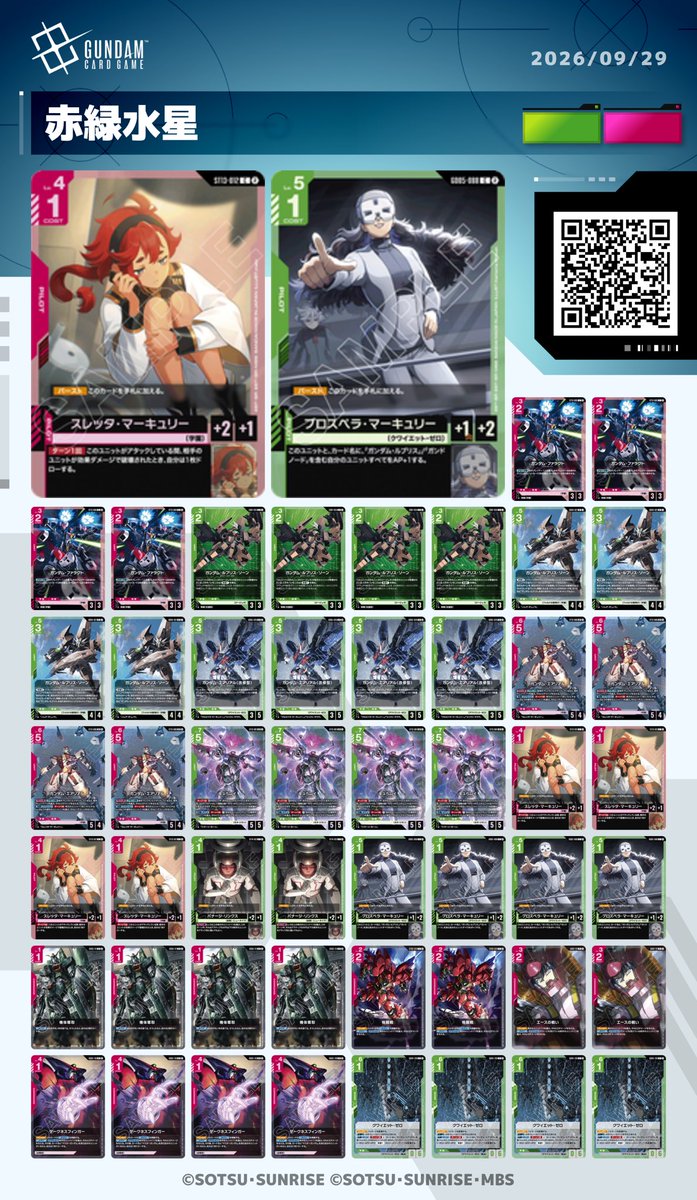 OP000_icchi's tweet photo. かなり面白いコンセプトデッキ

プロスペラ＋ガンドノード＋キュベレイ

AP3になったガンドノードを、キュベレイで相手ユニットと戦わせる。
破壊できれば《突破1》も働くため、除去とシールドエリアへのダメージを両立できる。

序盤に出せるカード自体が少ないため、除去でしのいでも、自分の盤面が薄いまま中盤に入る展開は気になります…
クワイエット・ゼロの継続的な展開力を使うにも、まずそこまで持ちこたえることができるか。

赤緑の盤面制圧デッキとして、調整して試す価値がありそうです！

まずはLv.5を迎えた時点で、自分のユニットを残せているかを見ていきたいです🤔
#ガンダムカード #GCG