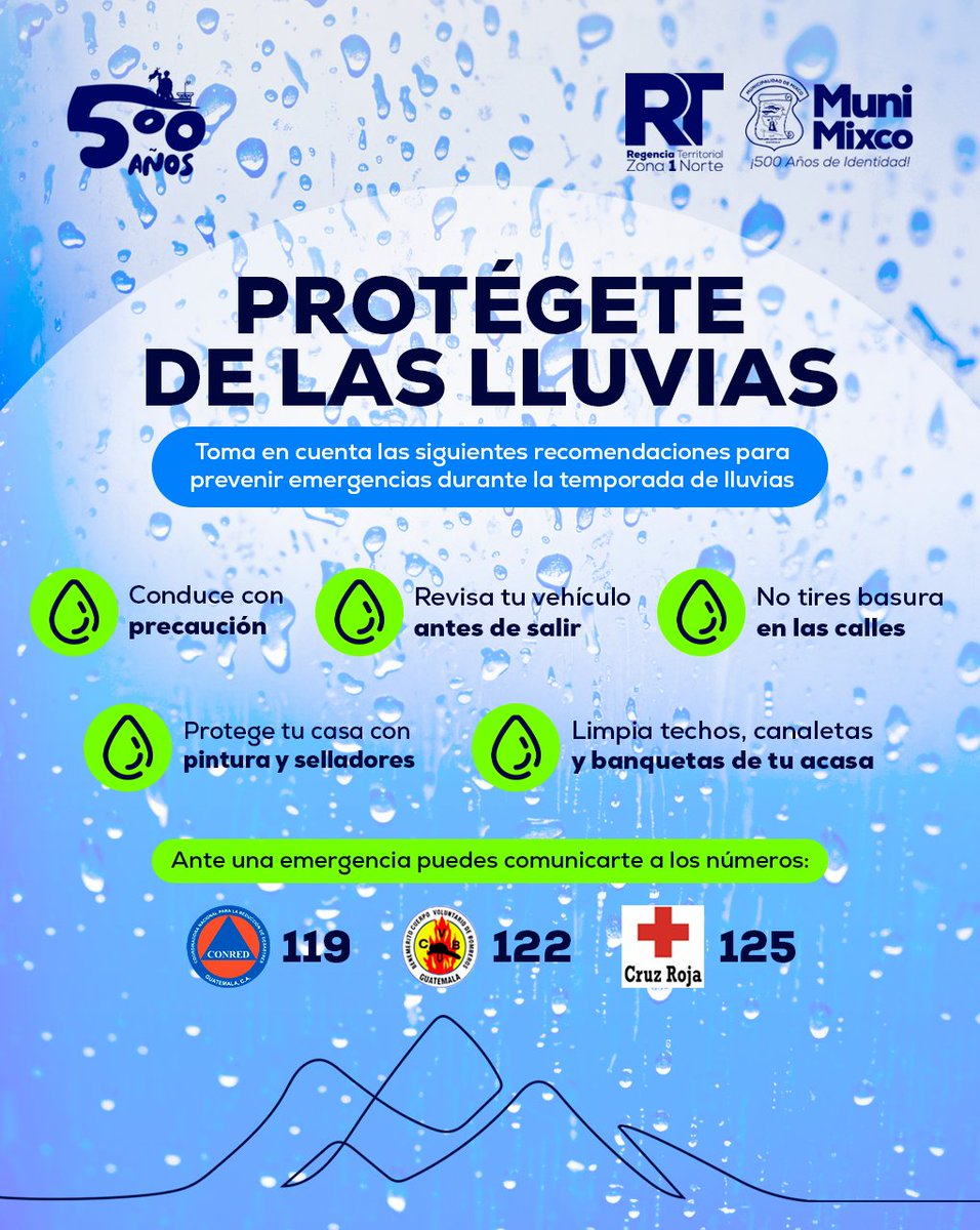 RegTerZ1NMixco's tweet photo. Ante las #inclemencias del #clima te dejamos las siguientes #recomendaciones 🌧️

¡Mantente #alerta antes las #emergencias! 🚨
#ConstruyendoElFuturo #500añosmixco https://t.co/6BXKvGDZnX