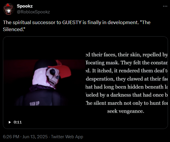 DaRulesToon's tweet photo. I randomly remembered this, but Guesty is getting a new game called The Silenced... which has been in development since june 2025.....

Maybe the forsaken collab is with The Silenced... and thats why guesty is using the robloxian 2.0 package https://t.co/3fN9gL5uWl