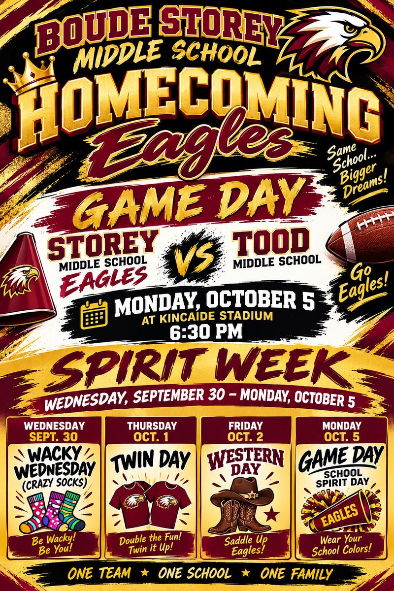 BStoreyMS's tweet photo. Homecoming week starts Wednesday, September 30th!! 😍
All students are encouraged to participate in the dress days. If they choose not to participate, they will have to wear their uniform. #BuildingaStoreyofExcellence🦅 https://t.co/0KD1QruxKZ