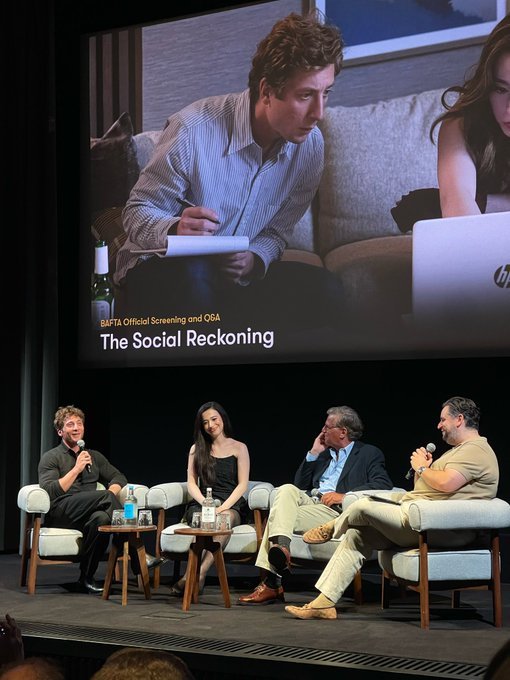 mikeymsource's tweet photo. Mikey Madison with Jeremy Allen White and Aaron Sorkin at "The Social Reckoning" Q&amp;A hosted by BAFTA in London tonight. https://t.co/lYcz5dRCLL