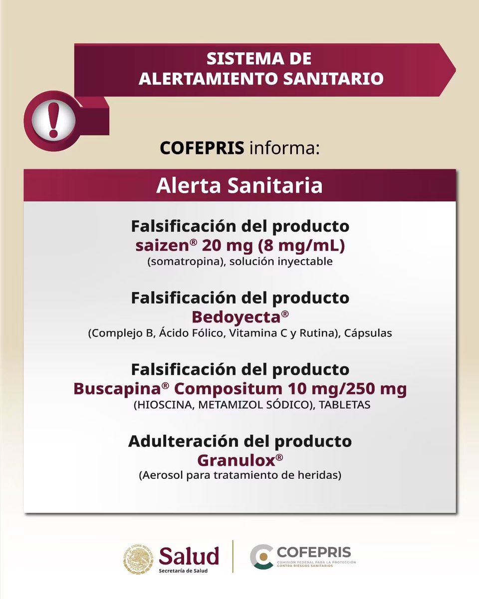 mxqnoticias's tweet photo. 💊⚠️ @COFEPRIS alertó por versiones falsificadas o adulteradas de Saizen, Bedoyecta, Buscapina Compositum y Granulox. 

Evita consumir productos de procedencia dudosa y consulta información oficial.

#MexiquenseNoticias https://t.co/2VwOJEPh5y