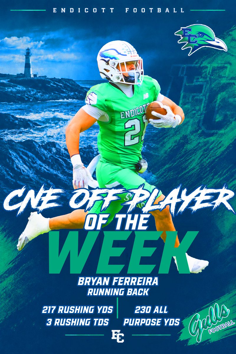 EndicottFB's tweet photo. Congratulations to Bryan Ferreira on winning @NEFballWriters D2/3 Golden Helmet Award‼️

Also congrats on winning @CNE_Sports Offensive Player of the Week‼️

#BeachBall 🏈🐦🏖️#M2DEINB6VERLY ☀️🌊 https://t.co/WMOIv6qF78