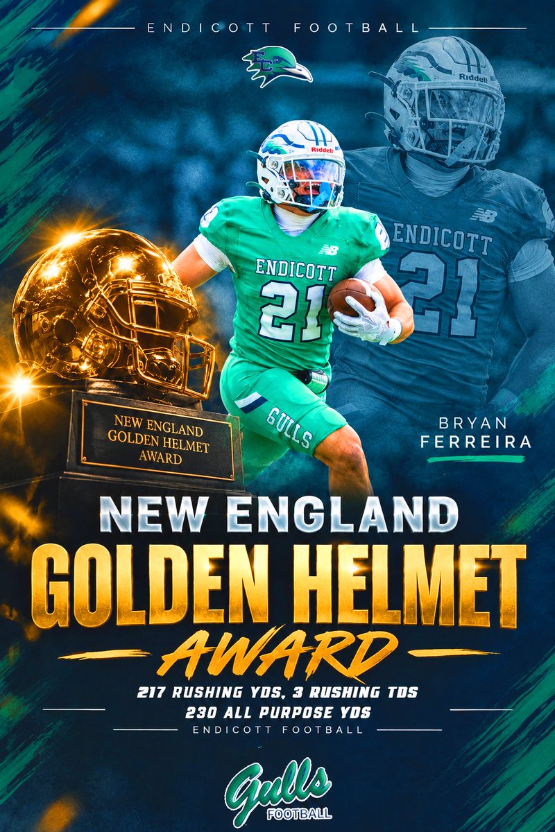 EndicottFB's tweet photo. Congratulations to Bryan Ferreira on winning @NEFballWriters D2/3 Golden Helmet Award‼️

Also congrats on winning @CNE_Sports Offensive Player of the Week‼️

#BeachBall 🏈🐦🏖️#M2DEINB6VERLY ☀️🌊 https://t.co/WMOIv6qF78