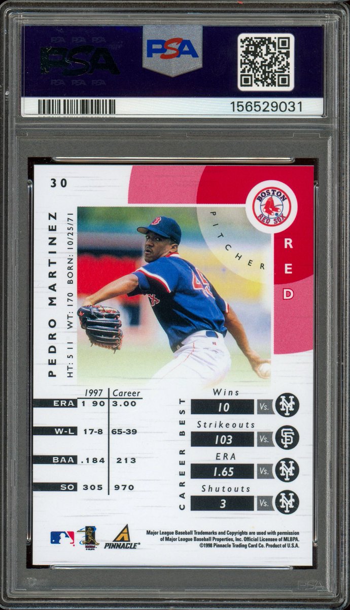 goudeygum's tweet photo. This is one you don’t see every day and one that was never supposed to reach collectors at all. No one knows for sure how many are out there but I have yet to see a public sale of this card.

1998 Pinnacle Certified Mirror Red Pedro Martinez

#PinnacleCertified #MirrorRed https://t.co/vnVbhfEJeE