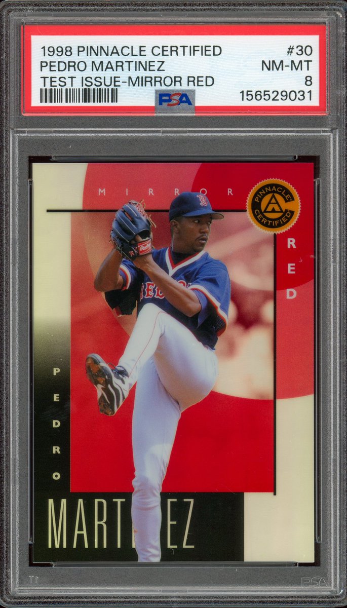 goudeygum's tweet photo. This is one you don’t see every day and one that was never supposed to reach collectors at all. No one knows for sure how many are out there but I have yet to see a public sale of this card.

1998 Pinnacle Certified Mirror Red Pedro Martinez

#PinnacleCertified #MirrorRed https://t.co/vnVbhfEJeE