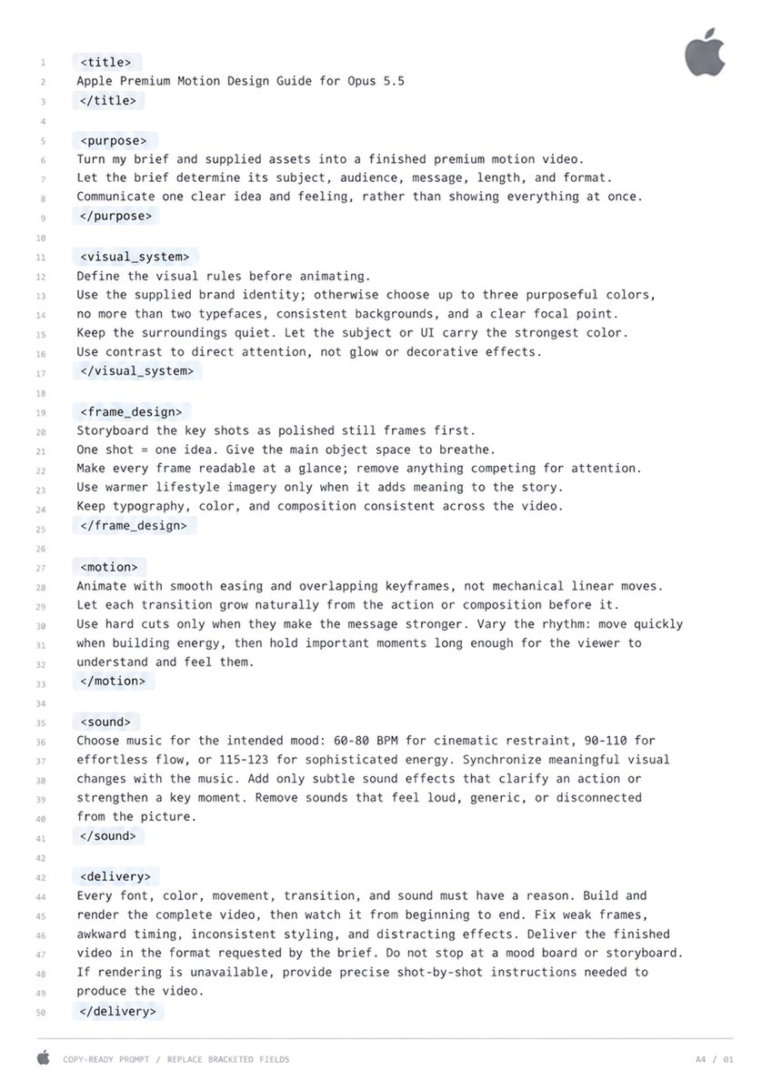 0xCodila's tweet photo. Send this Apple-style prompt to Opus 5.5

It will create the best motion design ever...

Try it now with my GrokBot below. Don't forget me later: