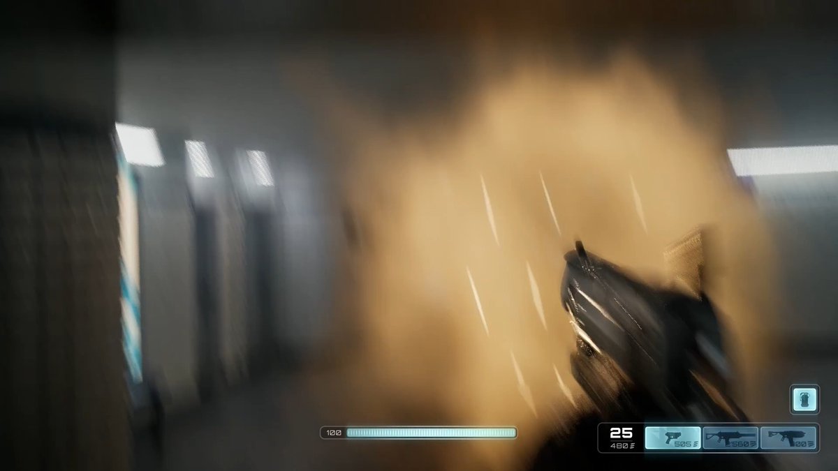 A blurry first-person view from a video game showing motion blur with HUD elements displaying health (100) and weapon options with prices like 480$, 505$, 560$, 600$.