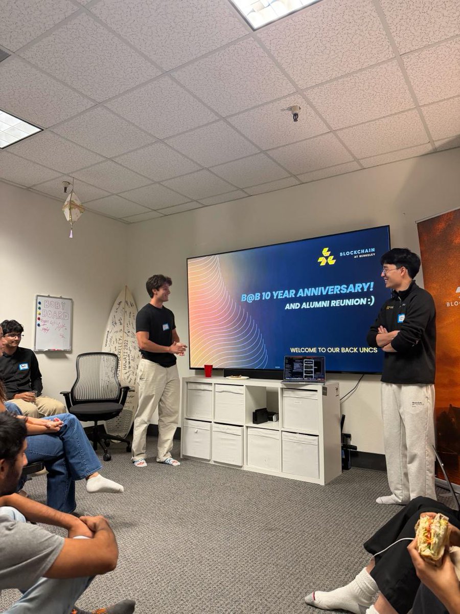 CalBlockchain's tweet photo. [B@B 10 YEAR ANNIVERSARY] 🎊

10 years ago, a group of Berkeley students came together to learn about Bitcoin and educate each other on a technology they believed could change the world.

They probably didn’t know that, a decade later, that little group would blossom into one of Berkeley’s top tech communities and bring together some of the most ambitious, thoughtful, kind, and absolutely cracked people we know.

Over the last 10 years, B@B has been home to some insane startups and even crazier ideas. But more importantly, it’s given us lifelong friendships, unforgettable memories, and a ridiculous amount of laughter along the way.

B@B turned 10 this year, and one reunion simply wasn’t enough. So, in true blockchain fashion, we forked it, hosting anniversary celebrations on both coasts and bringing together alumni from across a decade of B@B.

Some highlights:

- A photo wall of 10 years of our most wholesome moments, walking down memory lane
- Custom engraved Ledgers for our alumni made by our own @DivijMot @createdbymason 
- A tres leches “10 Years of B@B & Boujee” cake courtesy of former-pres @Ridddhiiii 
- Lots of old lore, reunions, and questionable stories resurfacing