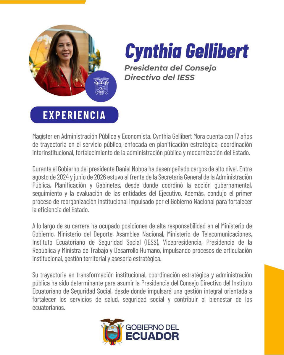 IESSec's tweet photo. El Instituto Ecuatoriano de Seguridad Social da la bienvenida a @CynthiaGelliber como Presidenta del Consejo Directivo del #IESS.

Conoce su trayectoria e hitos de su gestión. ⬇️ https://t.co/3nhGuxTafH