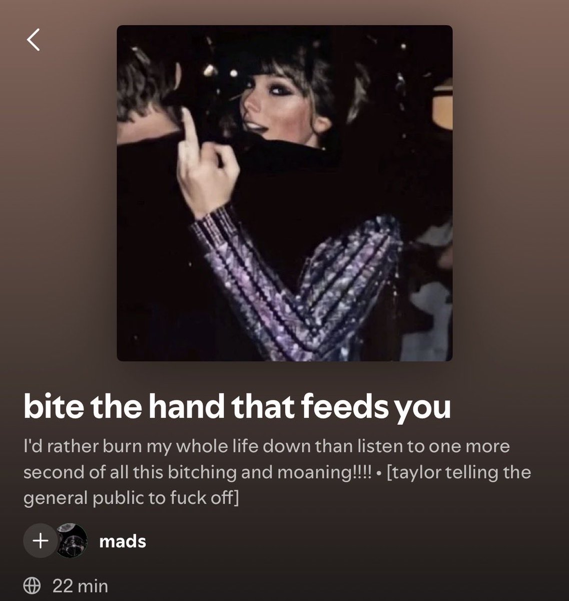 mads_termind's tweet photo. made a playlist of all the songs where Taylor is telling the general public to fuck off lol https://t.co/XDtJBkSyzj
