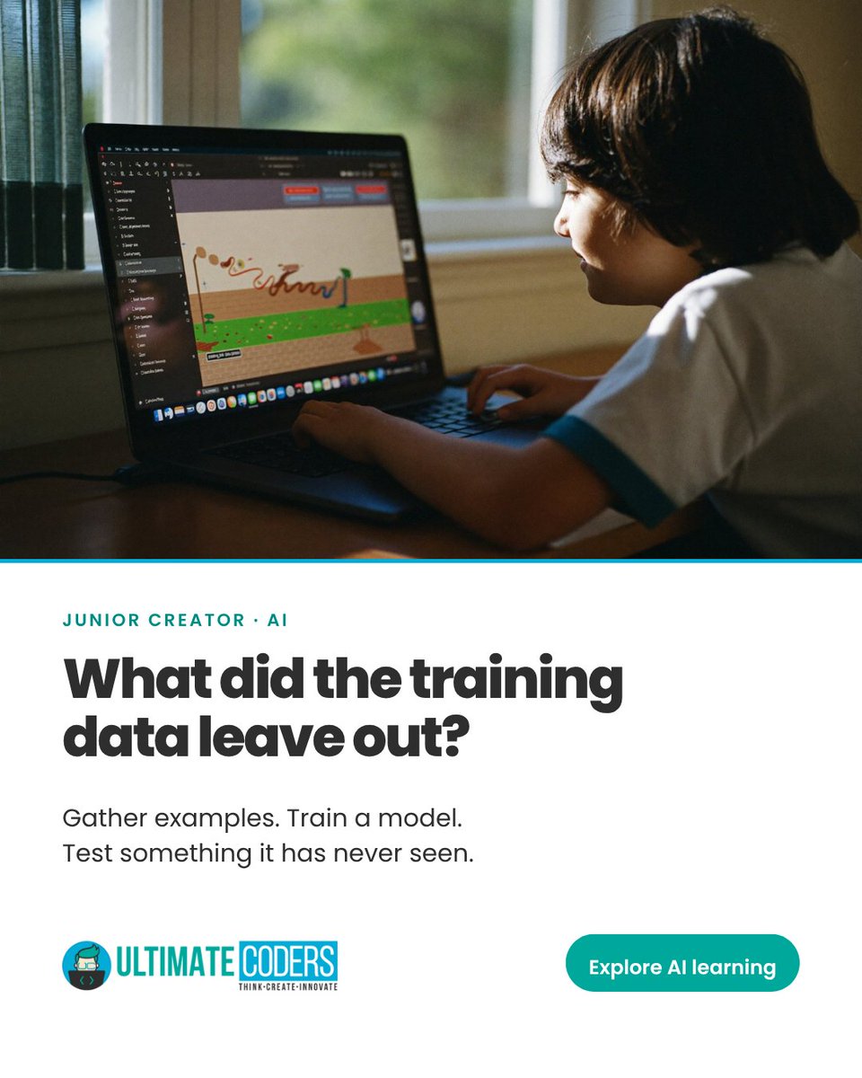 ultimatecoders's tweet photo. What did the training data leave out?

When an AI model gets something wrong, ask: Did it see enough variety? Does this new example look different?

Explore Junior Creator: https://t.co/m2QyNke37R

#UltimateCoders #AIForKids https://t.co/5RACrJqVJ7