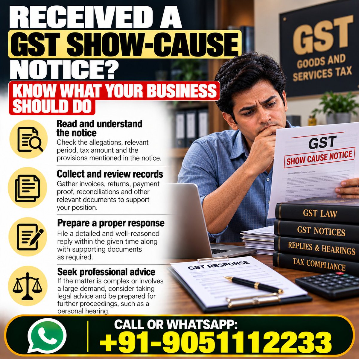 drakmphd's tweet photo. What should a business do after receiving a GST show-cause notice ?
Call or WhatsApp: +91-9051112233 
#GSTLaw #GSTNotice #TaxLaw https://t.co/E1u3FN51CY