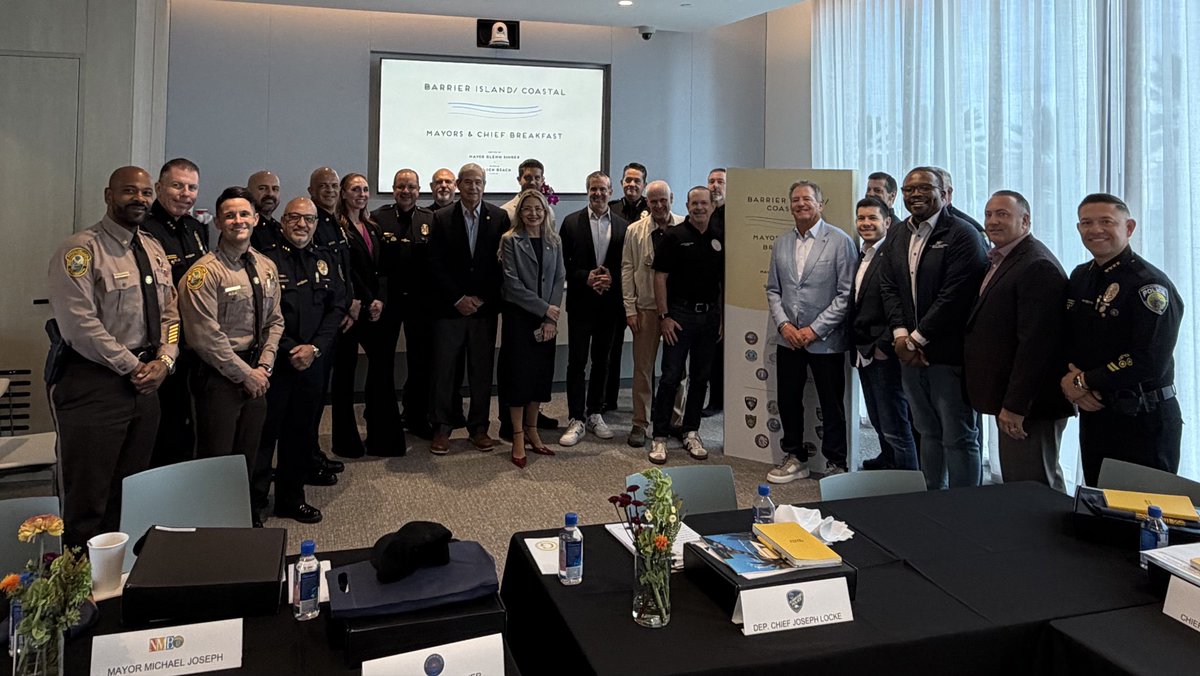 StevenMeiner's tweet photo. Great meeting with fellow coastal mayors and police chiefs in Golden Beach. Our focus: coordinated smart mobility, keeping local control of LPR cameras to fight crime, and working to expand our @MiamiBeachNews water taxi to include our neighboring cities. https://t.co/rmrY7GpWDb