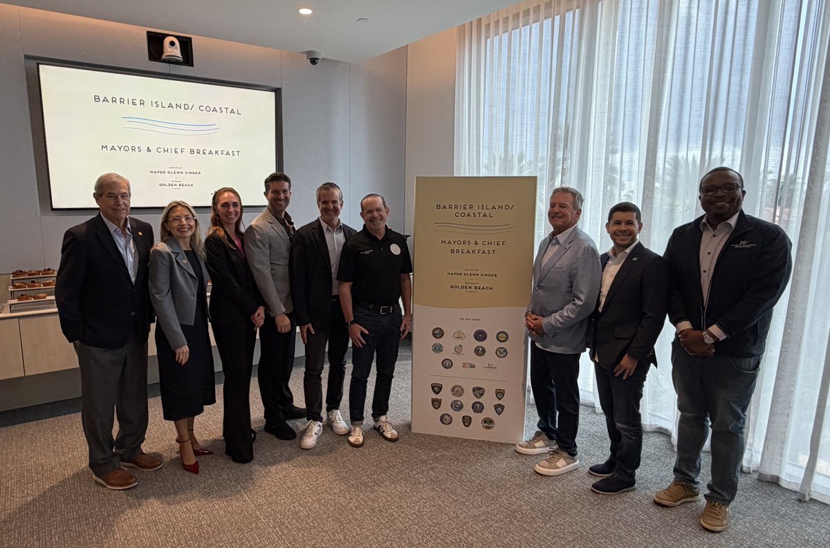 StevenMeiner's tweet photo. Great meeting with fellow coastal mayors and police chiefs in Golden Beach. Our focus: coordinated smart mobility, keeping local control of LPR cameras to fight crime, and working to expand our @MiamiBeachNews water taxi to include our neighboring cities. https://t.co/rmrY7GpWDb