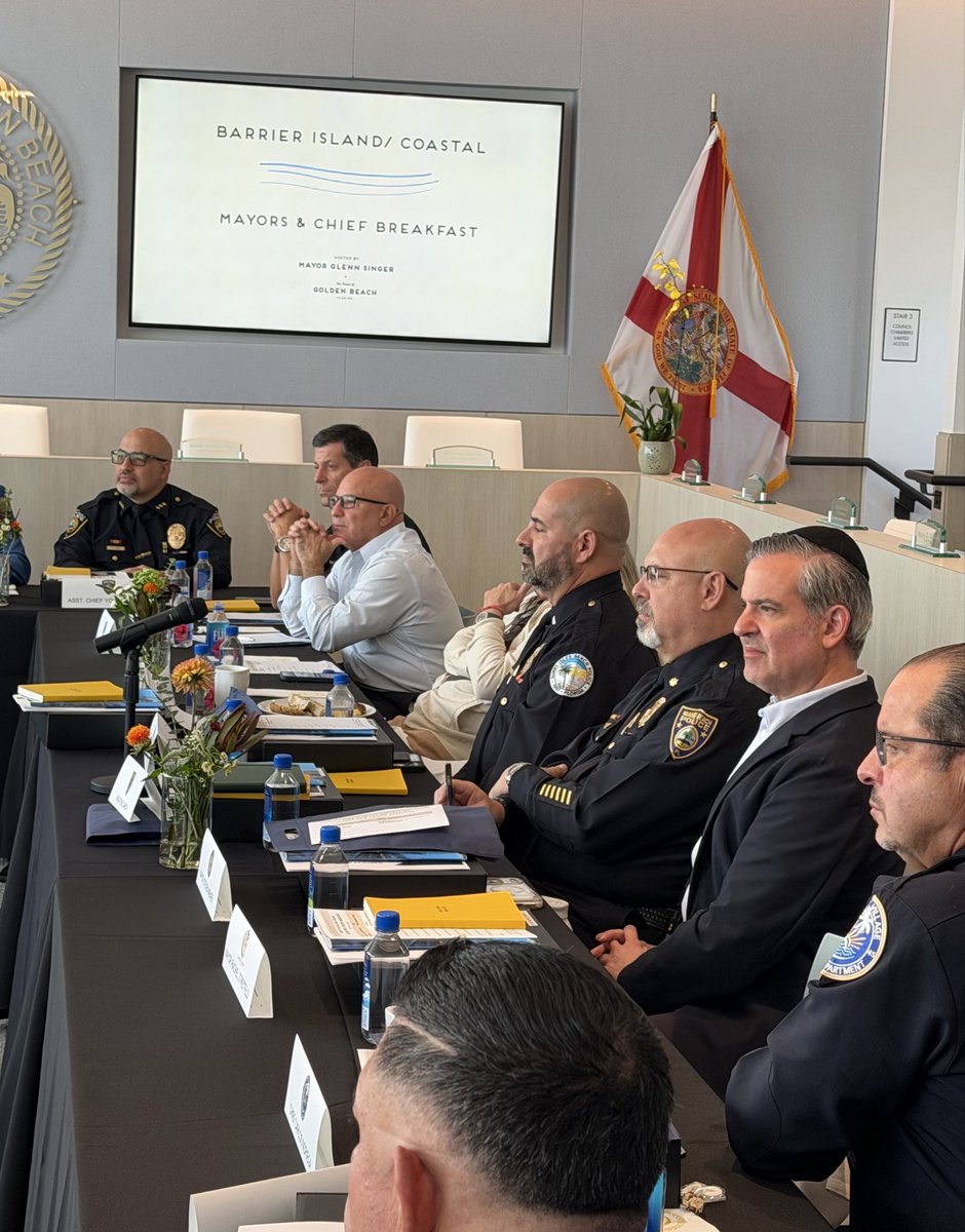 StevenMeiner's tweet photo. Great meeting with fellow coastal mayors and police chiefs in Golden Beach. Our focus: coordinated smart mobility, keeping local control of LPR cameras to fight crime, and working to expand our @MiamiBeachNews water taxi to include our neighboring cities. https://t.co/rmrY7GpWDb