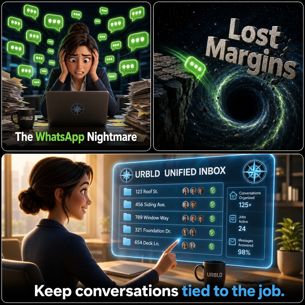 URBLDllc's tweet photo. Running field crews on WhatsApp is a great way to send your profit margins into a black hole.

URBLD's Unified Inbox replaces the group chat chaos by tying every single message directly to the job address. Stop scrolling and start organizing.

#URBLD #FieldOps https://t.co/A94rCGkTlX