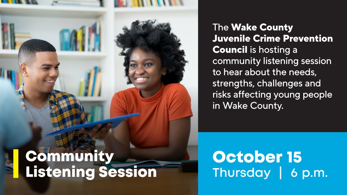 WakeGOV's tweet photo. Join us on Thursday, Oct.15, for a Community Listening Session hosted by the #WakeCounty Juvenile Crime Prevention Council! 

We want to hear directly from families, young people, educators, service providers, law enforcement and neighbors about what’s working, where challenges exist and how we can better support youth across Wake County. Your voice matters and your insight will help shape prevention strategies and community supports.

📅 Thursday, Oct. 15
⌚ 6-8 p.m.
📍 Southeast Raleigh YMCA, 1436 Rock Quarry Road, #Raleigh
✅ RSVP by Oct. 12!

Learn more 👉 https://t.co/dBd5yoySEl