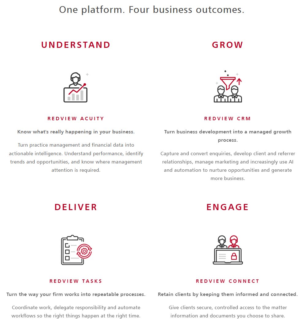 _RedView's tweet photo. RedView is evolving.

More than a collection of software products, RedView is a business intelligence and growth platform for law firms. 

One platform to help law firms understand, grow, deliver and engage.

https://t.co/Qo0TRjvkDI https://t.co/EMPOKjza4r