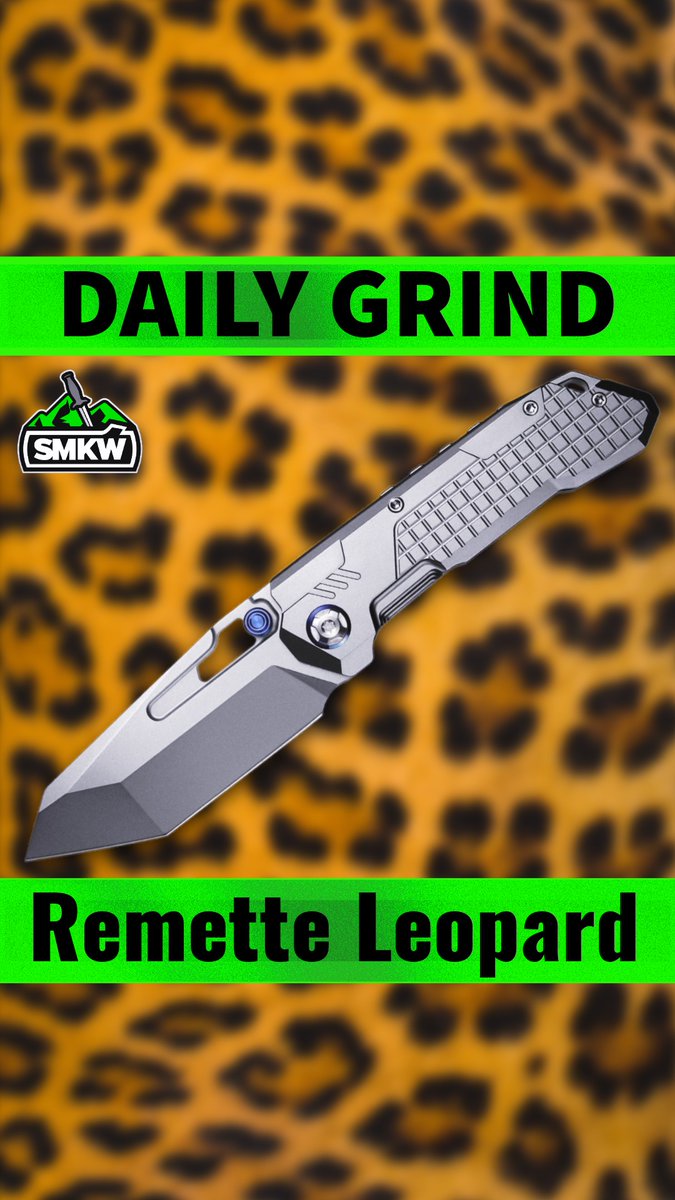 Image 6: An SMKW 'Daily Grind' promotional image featuring a Remette Leopard folding knife against an orange leopard-print background.