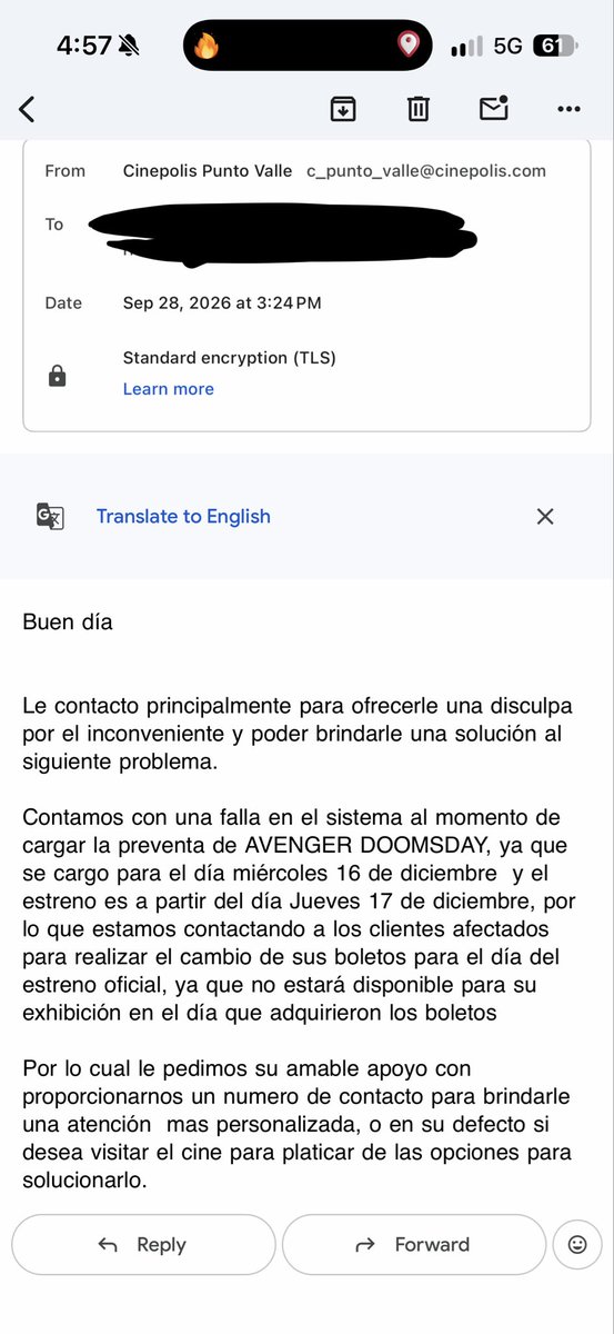 Apachevgz's tweet photo. @Cinepolis Pasé horas de madrugada intentando comprar mis boletos para #AvengersDoomsday y ahora me dicen que, por una falla de su sistema, la función del 16 NO estará disponible porque el estreno es el 17. En otros complejos sí se vendieron correctamente. ¿Qué solución? @Profeco https://t.co/0dP4xlV9LW