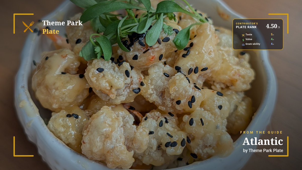 ThemeParkPlate's tweet photo. A must-order appetizer every single visit to Epic Universe: the Sweet &amp; Spicy Shrimp at Atlantic.  
Crispy, bang-bang-style crunch with the perfect sweet-heat. 
Plate Rank: 4.50
⭐ Taste: 5/5
⭐ Value: 4/5
⭐ Gram-ability: 4/5  

#EpicUniverse #UniversalOrlando #ThemeParkPlate https://t.co/D6SZHe7k9i