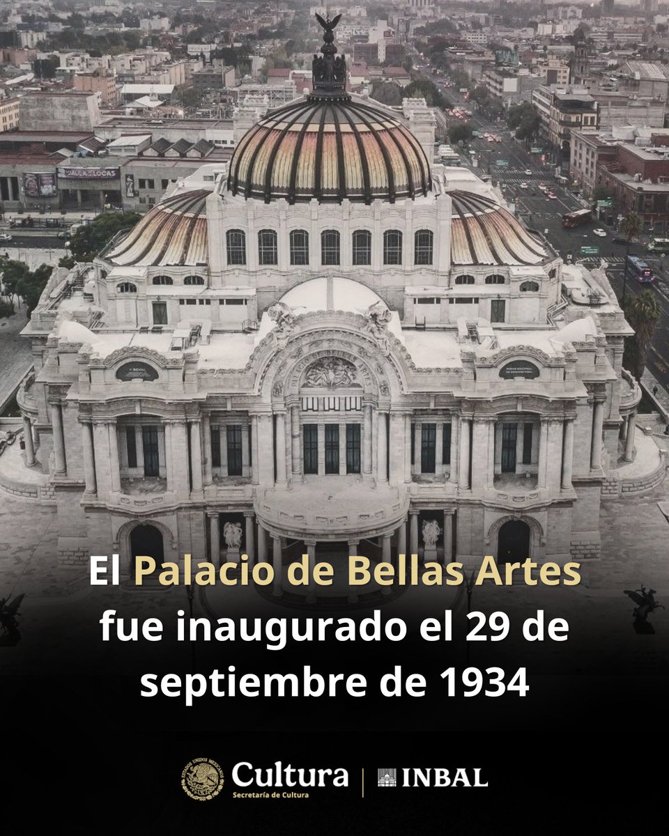 bellasartesinba's tweet photo. Inaugurado el 29 de septiembre de 1934, el @PalacioOficial cumple un año más como el recinto cultural más emblemático de México. Su construcción comenzó en 1904 bajo la dirección del arquitecto italiano Adamo Boari, quien imaginó una estructura de acero revestida de mármol de Carrara, con una cúpula central recubierta de ónix traslúcido y cerámica. La Revolución interrumpió la obra, y no fue sino hasta 1930, con Federico Mariscal al frente, que el edificio pudo concluirse.

En su interior, el telón de cristal Tiffany —con casi un millón de piezas que representan los volcanes Popocatépetl e Iztaccíhuatl— sigue siendo una obra única en el mundo. El plafón transparente con Apolo y las musas, obra del húngaro Géza Maróti, completa un conjunto que en 1987 fue declarado Patrimonio de la Humanidad por la UNESCO.