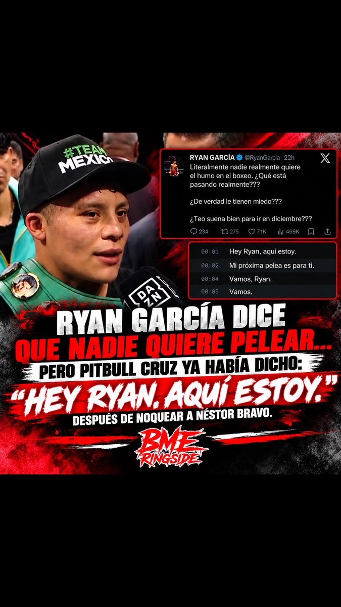 BMERingside's tweet photo. Pitbull Cruz ya puso el reto sobre la mesa. Después de noquear a Néstor Bravo en el sexto round el 19 de Septiembre en San Diego, Cruz le dijo a DAZN que quiere que su próxima pelea sea contra Ryan García.

Ryan García respondió en X y puso Diciembre como posible fecha, asegurando que la oferta está sobre la mesa.

Por ahora, la pelea no ha sido anunciada oficialmente, pero ambos han hablado públicamente de enfrentarse.

En mi humilde opinión, sería un enfrentamiento con muchísimo interés: Pitbull Cruz tiene una gran base de fanáticos y Ryan García también genera enorme atención alrededor de sus peleas.

¿Crees que esta es la pelea que deberíamos ver en Diciembre?

#PitbullCruz #RyanGarcia #Boxeo #BMERingside