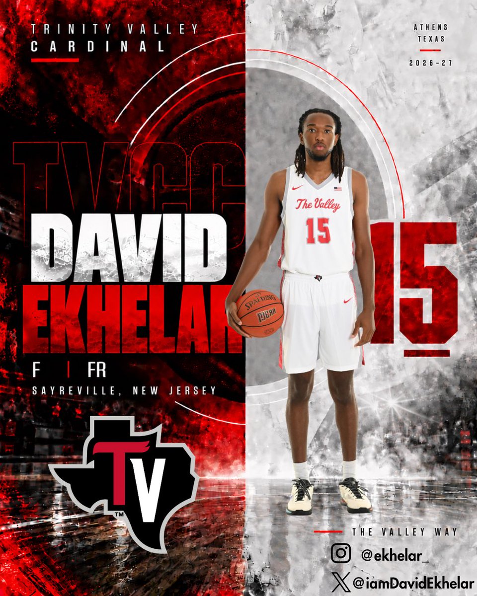 THEVALLEYMBB's tweet photo. FOLLOW THE CARDINALS🔴⚫️

Meet your 2026–27 Trinity Valley Cardinals.

David Ekhelar @iamDavidEkhelar 📍
F | Freshman 
Sayreville, New Jersey 

Get to know the players who will be representing The Valley this season and show them some love by giving them a follow! https://t.co/inC8tq7Vkg