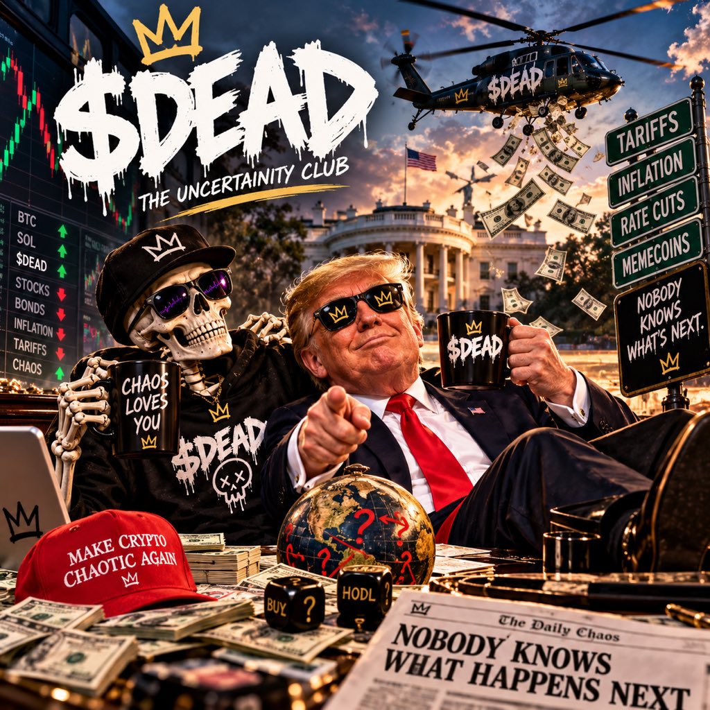 DeadInternet26's tweet photo. @realDonaldTrump 

☠️ $DEAD DOESN’T DO LEFT.
$DEAD DOESN’T DO RIGHT.
$DEAD DOES CHAOS. 🎲

Trump. Markets. Memes. Headlines.
Nobody knows what happens next.

That’s the point.

Welcome to the Uncertainty Club. ☠️

$DEAD #Solana #Memecoin #Crypto https://t.co/yPfrhZaL1e