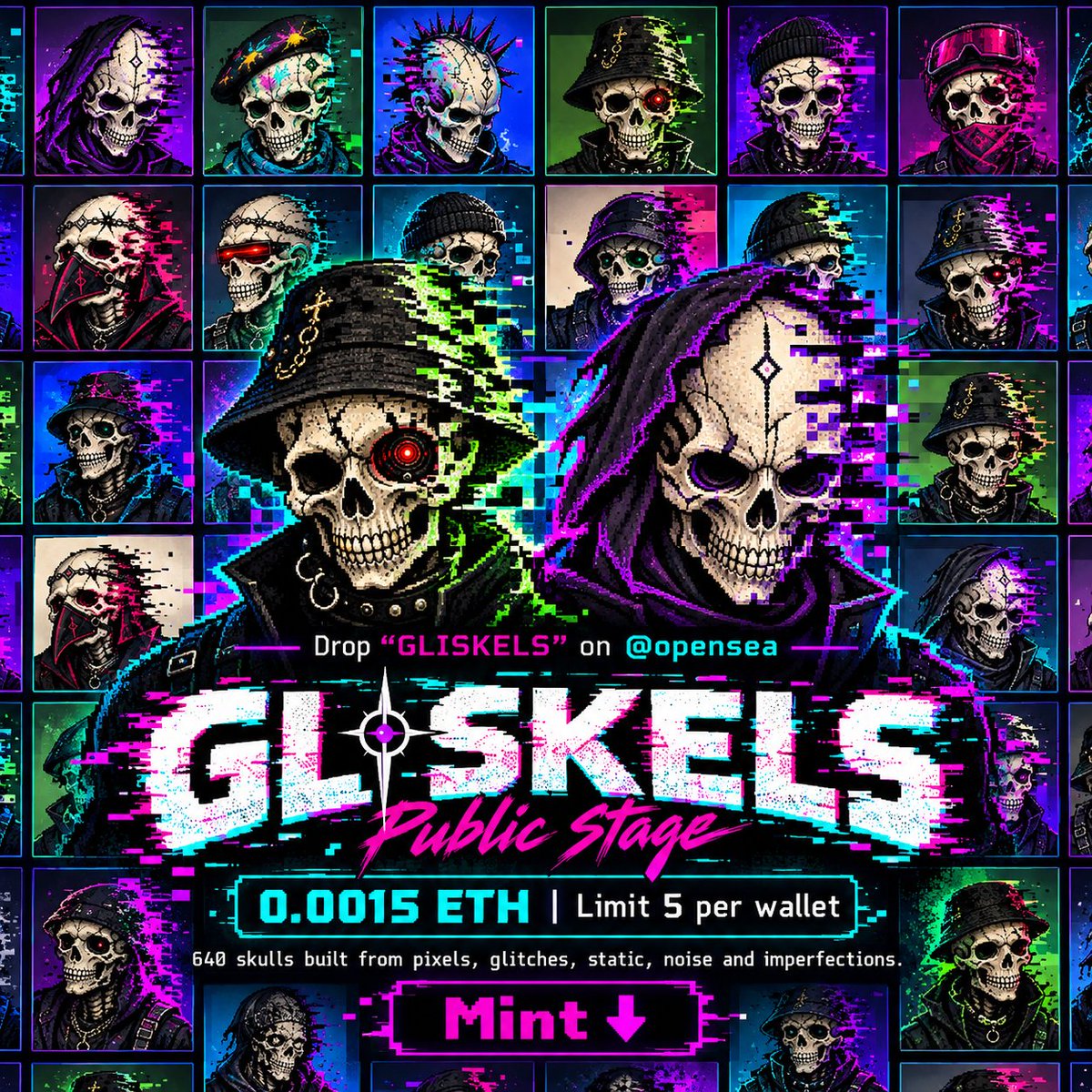 KaplinskiyNft's tweet photo. Drop "GLISKELS" on @opensea 

Public stage
0.0015 ETH | Limit 5 per wallet

640 pfp skulls built from pixels, glitches, static, noise and imperfections.

Mint 👇 https://t.co/XQh0mro62A