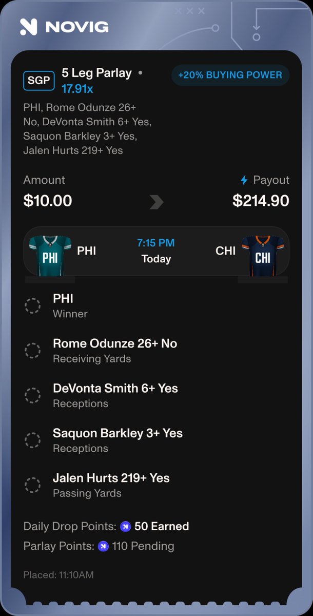 bfordoubleb's tweet photo. PHI v CHI Parlay for Tonight ⚡️

After watching lastnights Game between the Broncos & Rams. I wouldn't necessarily say it should be the same since the Bears without they starting QB...

I decided to use my 30% Boost on this lotto.

Sign up using my link to make a qualifying deposit of $10 or more, you will get $25 in Trade Credits under the New Member Deposit Program. 

Use my code when signing up on Novig: AC3A58 ⬇️

https://t.co/eTsfPuKhrU