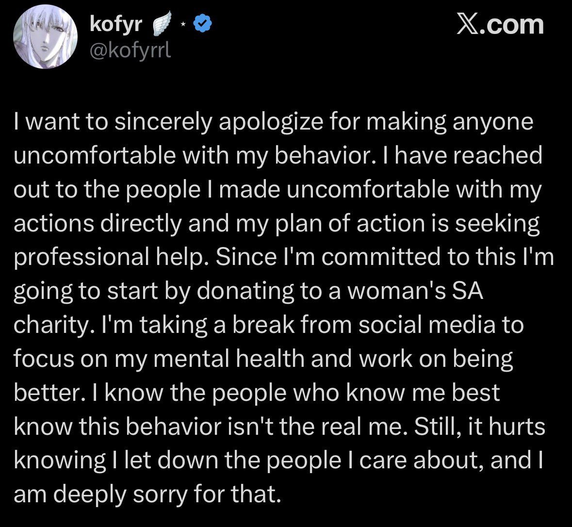 RLRecon's tweet photo. Kofyr has tweeted an apology to allegations of sexual misconduct towards members of the Rocket League community.

- He was accused of making inappropriate gestures and ‘touching many girls’ asses’
- Atow alleged that he was sexist towards his girlfriend
- Other community figures claimed he touched their partners inappropriately

- Kofyr says ‘I have reached out to the people I made uncomfortable with my actions directly and my plan of action is seeking professional help.’
- He will be donating to a woman's SA charity. 
- He will also be taking a social media hiatus.
