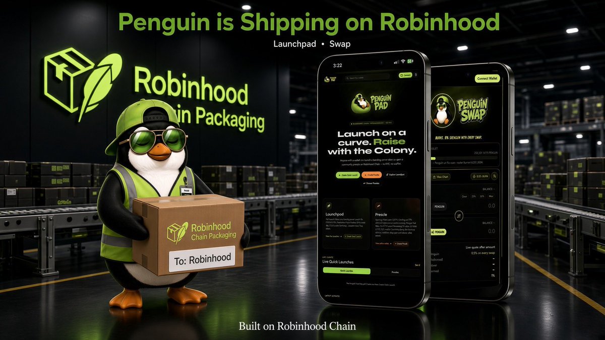 PenguinPad_xyz's tweet photo. Penguin Swap + Penguin Pad — Shipping with a purpose

We’re not building noise on Robinhood Chain.

We’re building products that actually pay the colony back.

Penguin Swap doesn’t tax you to feed a treasury.

Every swap burns 0.5% $PENGUIN.
You trade. Supply dies. The token gets scarcer.

Fees that used to leave your pocket now leave the circulating supply.

That’s the point.

Save penguins money. Make the token harder to get with every click.

Then comes the pad.

Penguin Pad ships October 1st.

A launchpad for the people.

No waitlist. No KYC. Permissionless.

Bonding-curve launches and community presales — anyone with a wallet can ship a token and raise with the colony.

Launch on a curve.
Raise with the colony.
Graduate on-chain.

We’re not shipping boxes for the photo.
We’re shipping infrastructure that burns supply, opens the door, and keeps the value in the flock.

Penguin Swap is live.

Penguin Pad — October 1st.

Built on Robinhood Chain.
Shipping with a purpose.

#Robinhood #RobinhoodSummit #Crypto #Presale #Launchpad #Fairlaunch