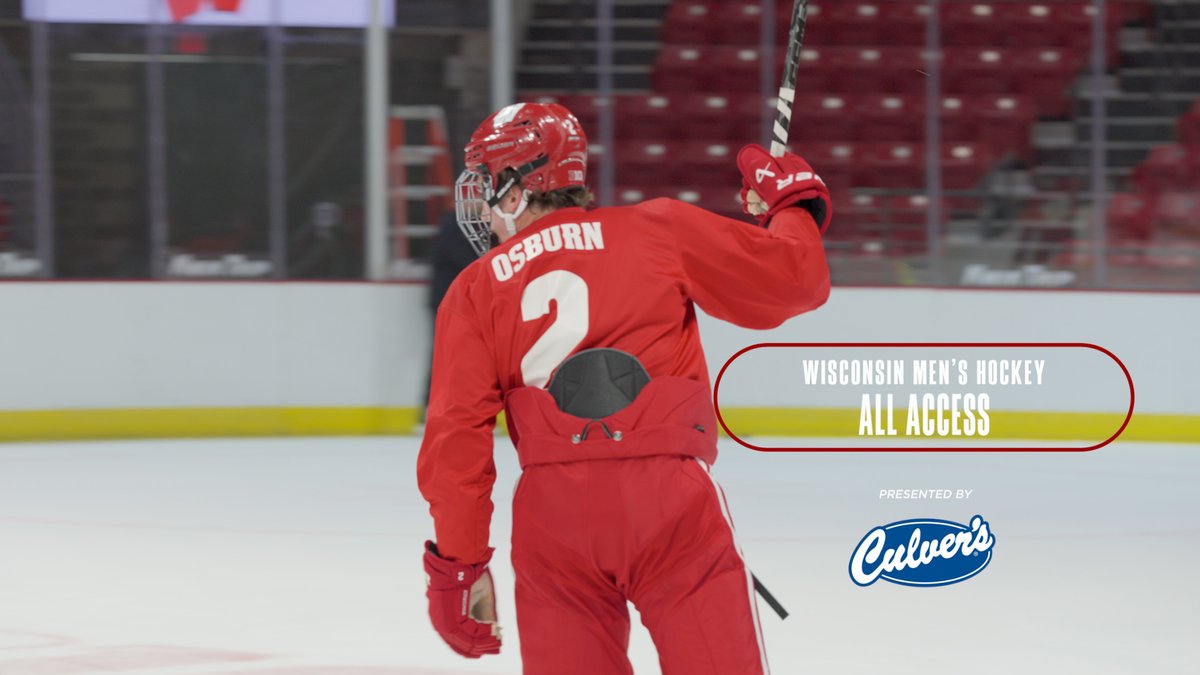 Wisconsin men's hockey player Osburn (#2), wearing a red jersey, red helmet, and red gloves, raises his hockey stick on the ice during practice. A "Wisconsin Men's Hockey All Access" graphic, presented by Culver's, appears in the lower right corner, promoting the team's upcoming season in line with the "LFG!!" excitement for the new campaign.