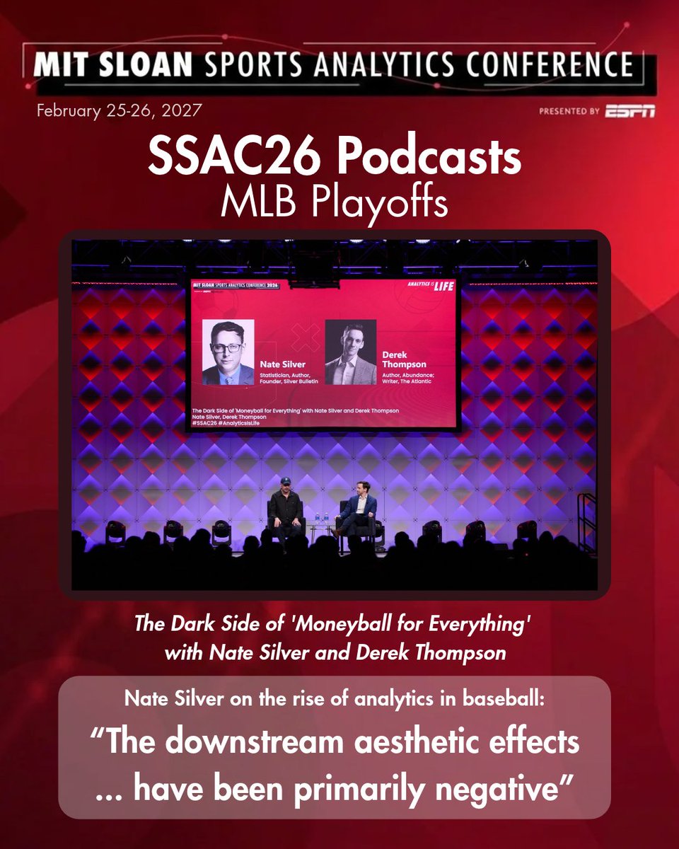 SloanSportsConf's tweet photo. Playoff baseball is the sport at its most optimized. But is that what fans want to watch?
Revisit Nate Silver & Derek Thompson at #SSAC26 on "Moneyball for everything" and the hidden costs of optimization.
Full panelπhttps://t.co/n2im8ZVSWp
#SportsAnalytics #AnalyticsIsLife https://t.co/xOAWquYPFG
