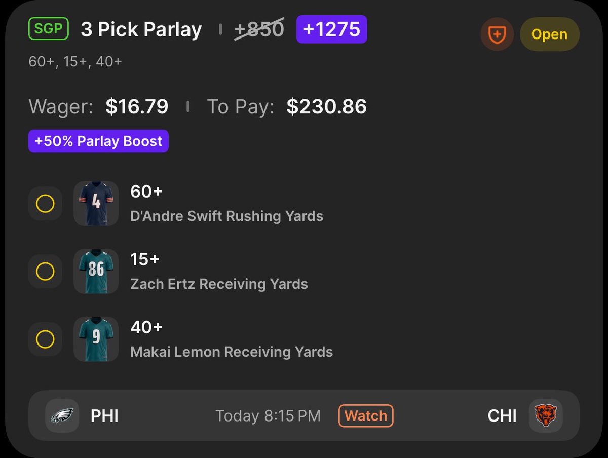 xprevailer's tweet photo. My slip for tonight’s game between the Bears and the Eagles 🤞🤞 https://t.co/gdW3fzJflH