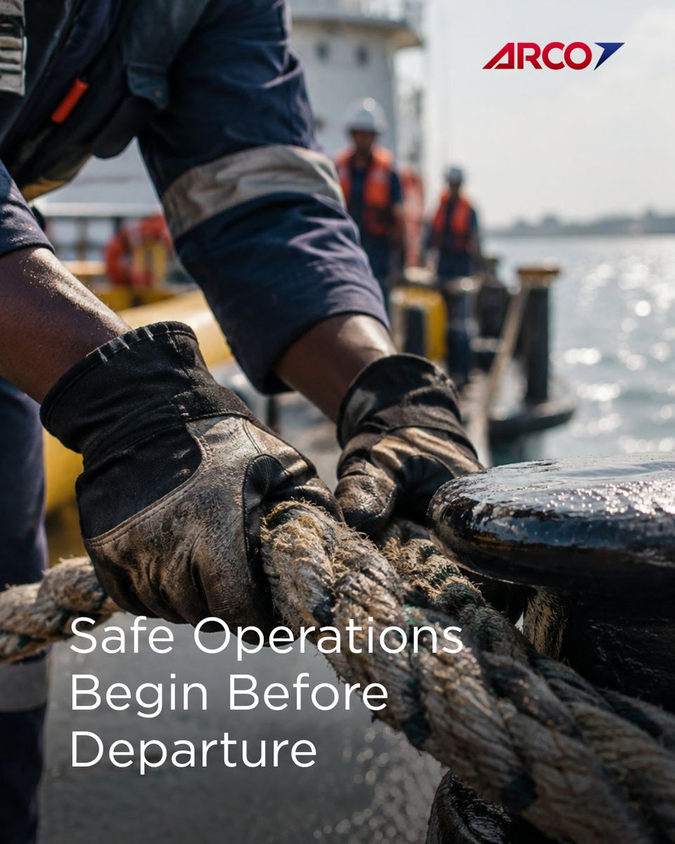 arcogroupng's tweet photo. Safe operations begin at the dock. Before every ARCO vessel departs, crews check and sign off mooring lines, PPE, emergency systems and communications—protecting people, assets and offshore work. #ARCOGroup #OffshoreSafety #MarineOperations https://t.co/QEUAAO4hfk