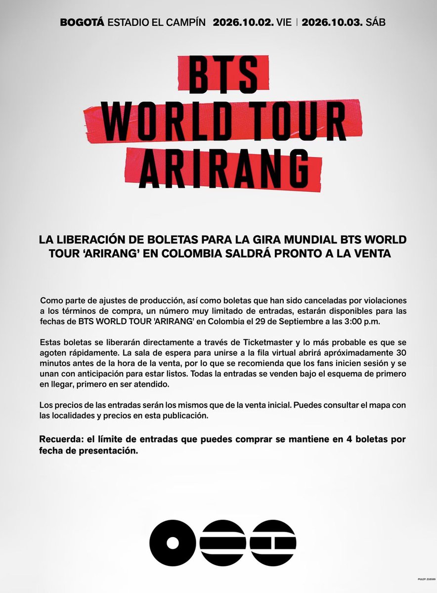 Juanjo_guerrero's tweet photo. Mañana 29 de septiembre liberarán boletas de BTS en varias localidades por temas de producción, pueden comprar sus boletas por Ticketmaster a las 3 de la tarde! 

Hagan su cuenta y estén contactados media hora antes, o un poquito más! https://t.co/kUDZJnJcZz