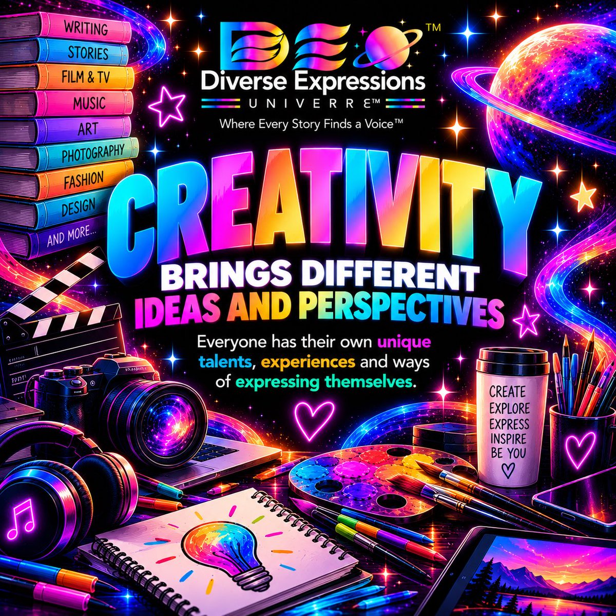 DiverseExpressU's tweet photo. 💜Creativity is different for everyone.
Our ideas can come from our lives, experiences, books, movies, TV, music and the world around us.
There’s room for every kind of creativity. 
Create. Explore. Express yourself. Be you. #creativity #selfexpression #diverseexpressionsuniverse https://t.co/2qtAoQJEC2
