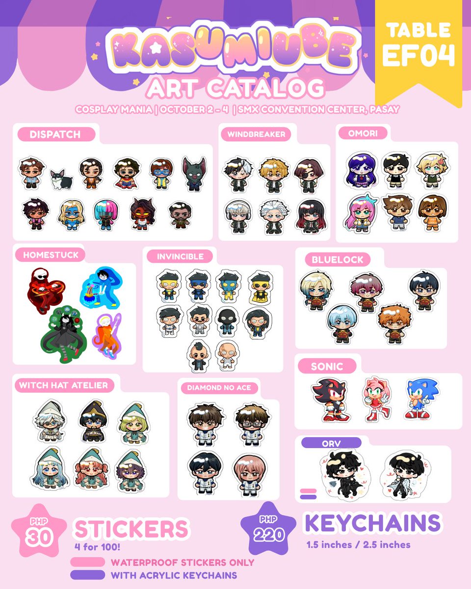 KasUmiUbe's tweet photo. ˗ˏˋ KasUmiUbe's Art Catalogˎˊ˗ 

Will be under the collective  "𝓣𝓱𝓮 𝓜𝓮𝓷𝓪𝓰𝓮𝓻𝓲𝓮"♡

🏷️ twst, wha, dna, wbk, blk, omori, homestuck, orv, etc ..!

💟 Cosmania 2026
📅 October 2-4, 2026
📌 SMX Convention Center, Manila 
#FanfairAtCosplayMania2026
#CosplayMania2026 https://t.co/yjepsVzQye